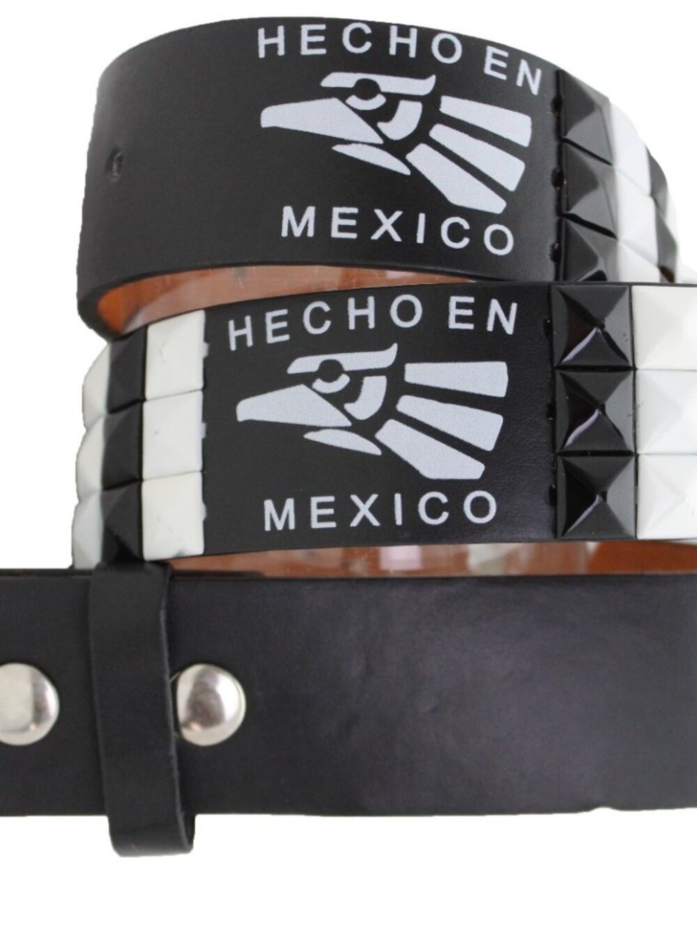 NEW Black Faux Leather Belt Hecho En Mexico Eagle Print Black White Studs Size S - Picture 12 of 16